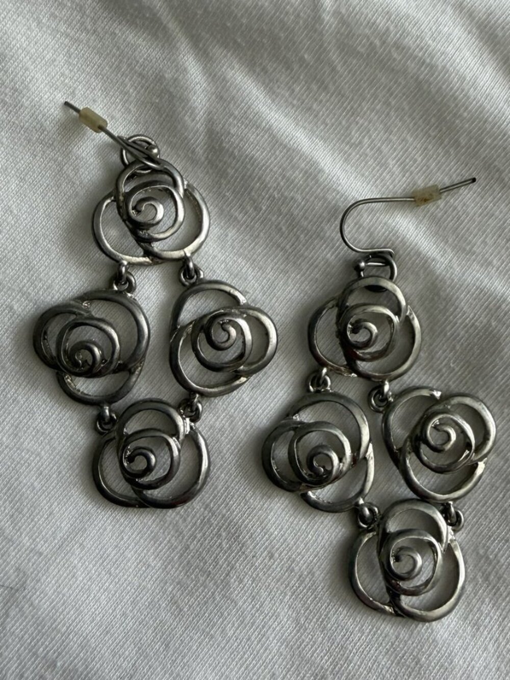 Silver Tone Rose Cluster Chandelier Drop Earrings